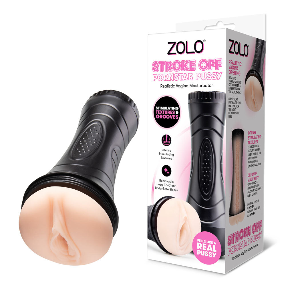 Zolo Stroke Off Pornstar Pussy in Flesh, black cased stroker beside its retail box