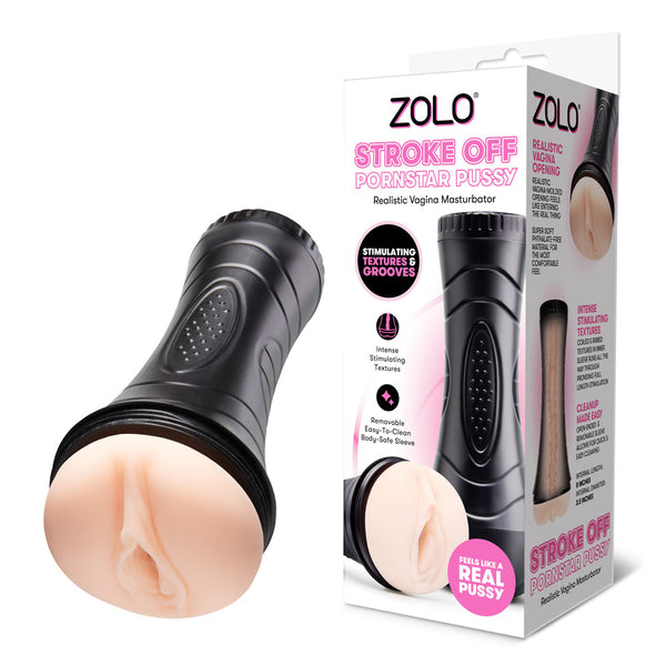 Zolo Stroke Off Pornstar Pussy in Flesh, black cased stroker beside its retail box