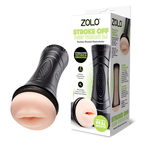 Zolo Stroke Off Deep Throat BJ in Flesh, black case with mouth opening, beside its box