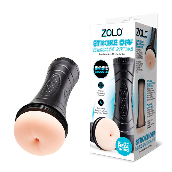 Zolo Stroke Off Backdoor Action in Flesh, black case with anal opening, beside its box