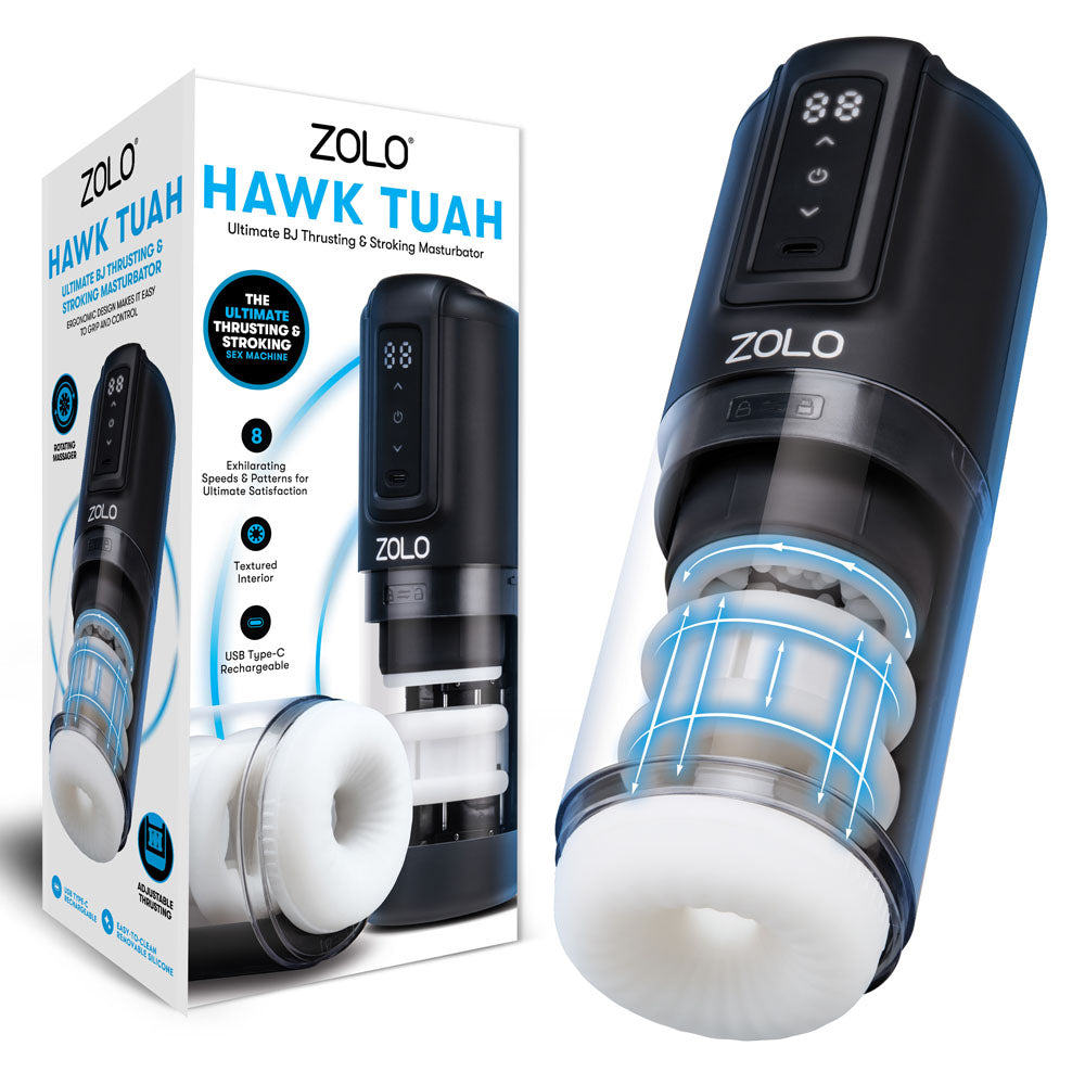 Zolo Hawk Tuah retail box beside the black case, cutaway showing the white sleeve inside