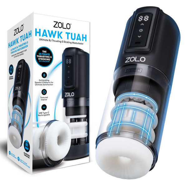Zolo Hawk Tuah retail box beside the black case, cutaway showing the white sleeve inside