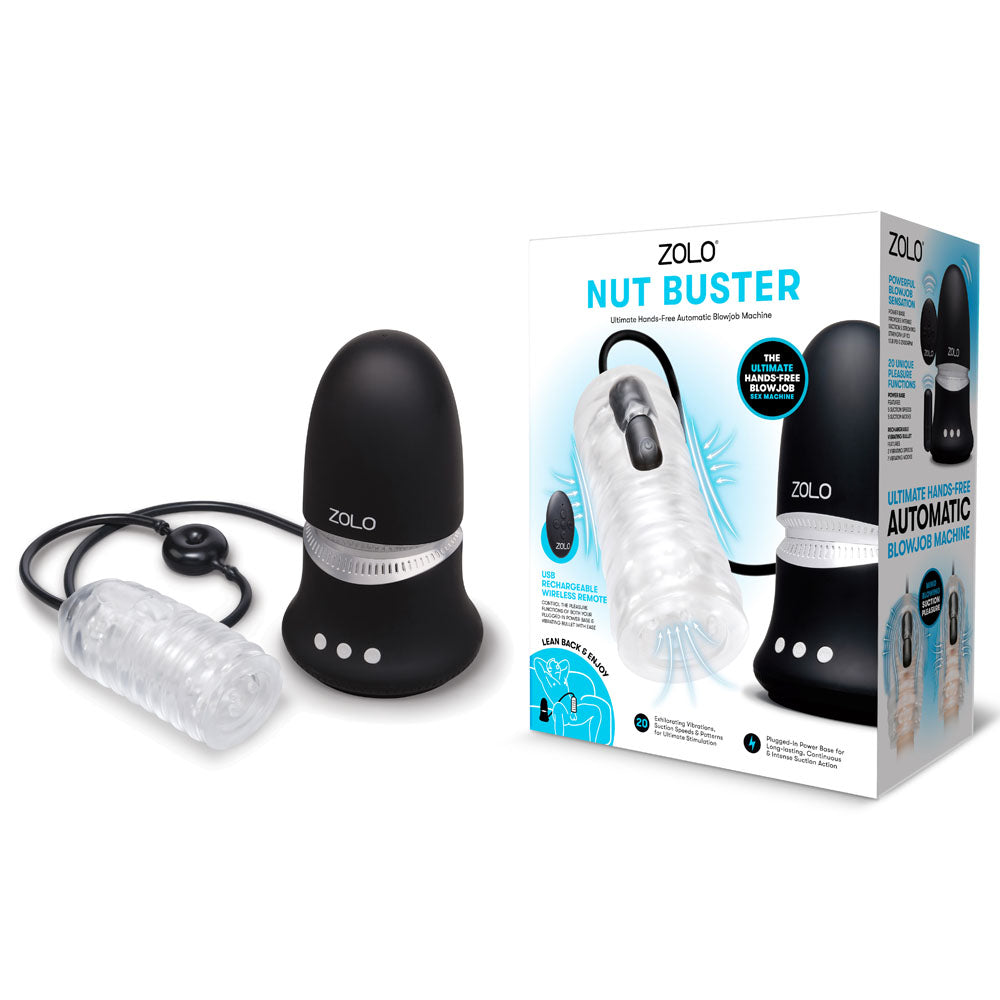 Zolo Nut Buster retail box with the black base unit and the clear sleeve on its air hose