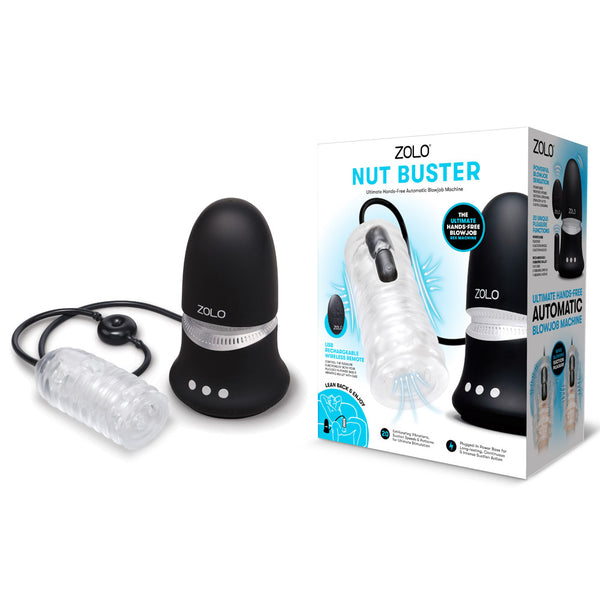 Zolo Nut Buster retail box with the black base unit and the clear sleeve on its air hose