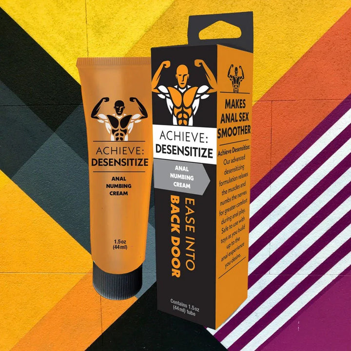 Achieve Desensitize tube and carton against a bold geometric colour backdrop