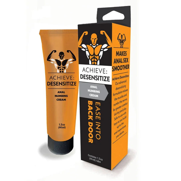Achieve Desensitize anal numbing cream, orange 44 ml tube beside its carton on white