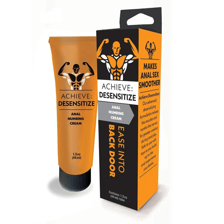 Achieve Desensitize anal numbing cream, orange 44 ml tube beside its carton on white