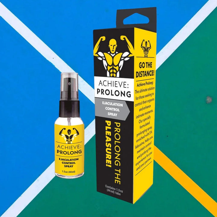 Achieve Prolong spray and carton against a blue and green cross-stripe backdrop