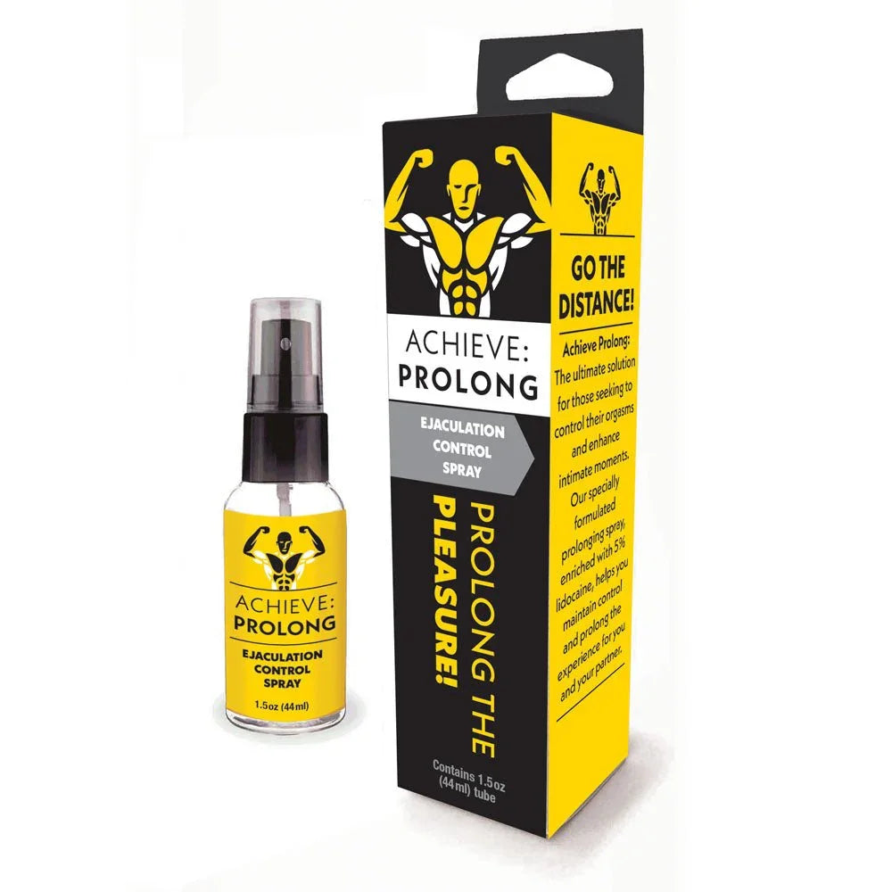 Achieve Prolong ejaculation control spray, yellow bottle beside its carton on white