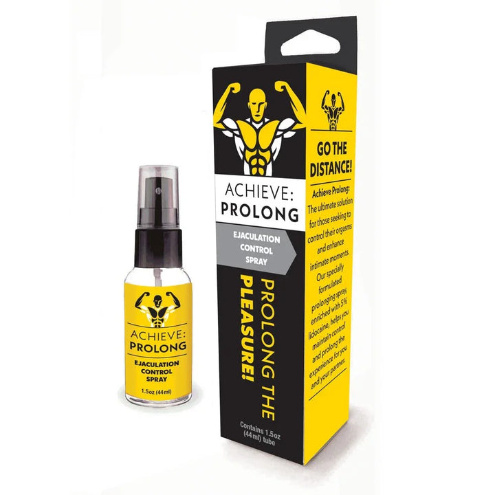 Achieve Prolong ejaculation control spray, yellow bottle beside its carton on white