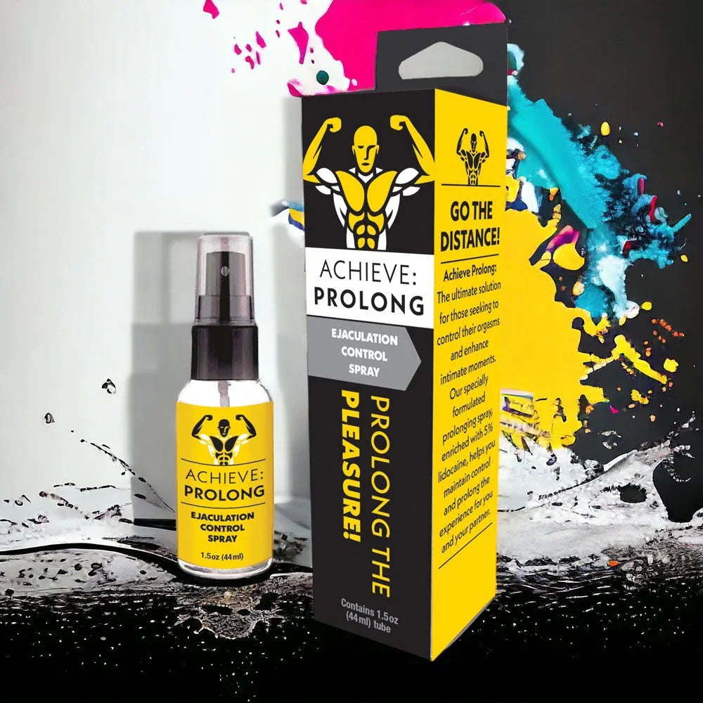Achieve Prolong spray and carton against a paint-splash graphic backdrop