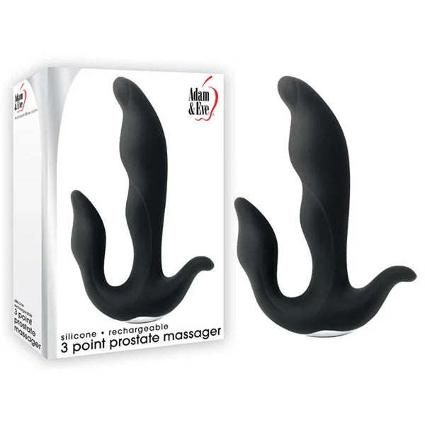 Adam & Eve 3-Point prostate massager in Black, triple-prong shape beside its box