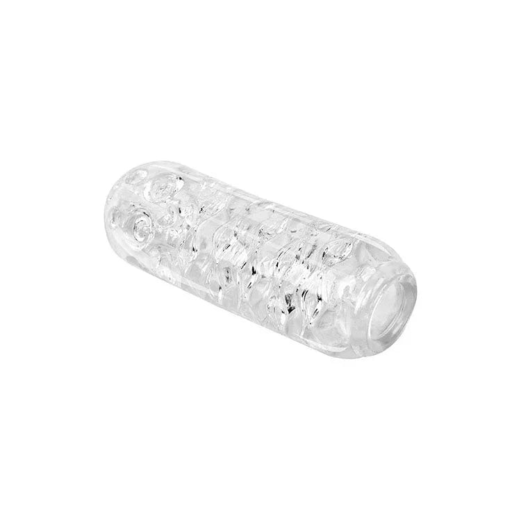 Adam's Crystal Trio stroker in Clear, nub texture, lying horizontally