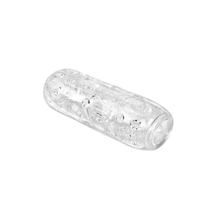 Adam's Crystal Trio stroker in Clear, mixed bump chambers, side view