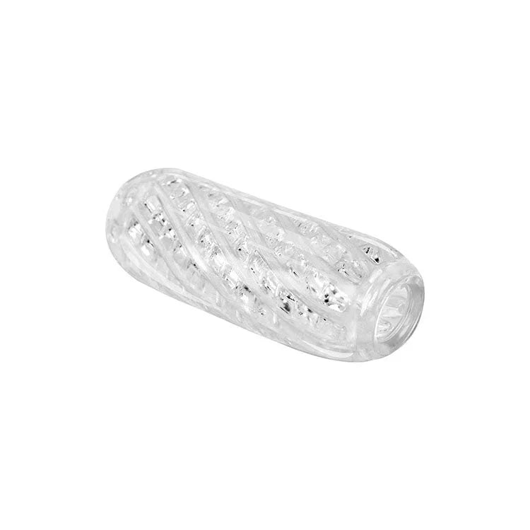 Adam's Crystal Trio stroker in Clear, spiral rib texture, angled view