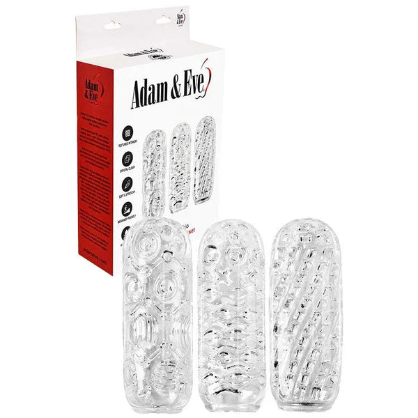 Adam's Crystal Trio, three clear textured strokers beside the red and white box