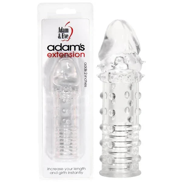 Adam's Extension penis sleeve in Clear, nubbed sleeve beside its blister pack