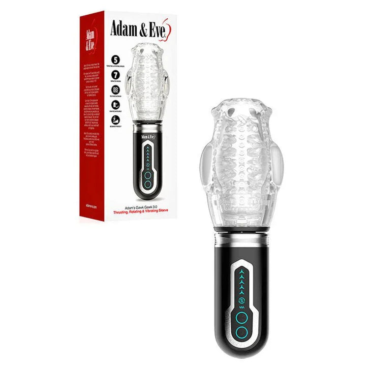 Adam's Gawk Gawk 3.0 masturbator, clear sleeve on black handle, beside its box
