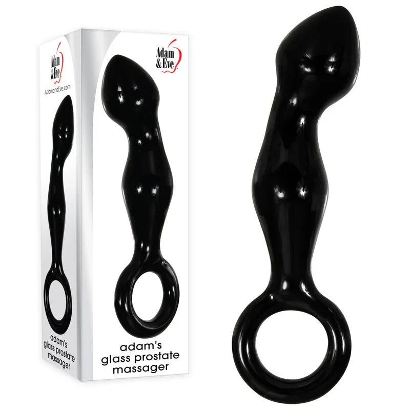 Adam's Glass prostate massager in Black, beaded shaft with ring pull, beside its box