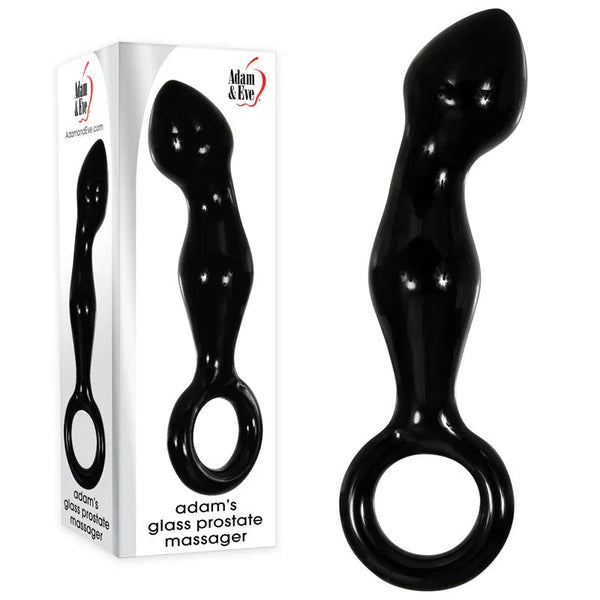Adam's Glass prostate massager in Black, beaded shaft with ring pull, beside its box
