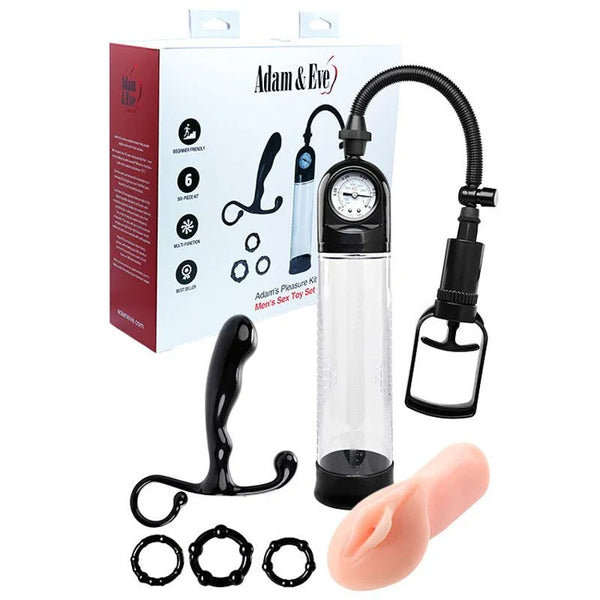 Adam's Pleasure Kit, penis pump with gauge, prostate massager, rings and stroker, with box
