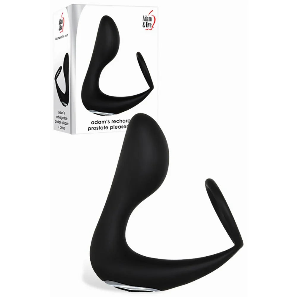 Adam's prostate pleaser and C-ring in Black, curved plug with ring, beside its box