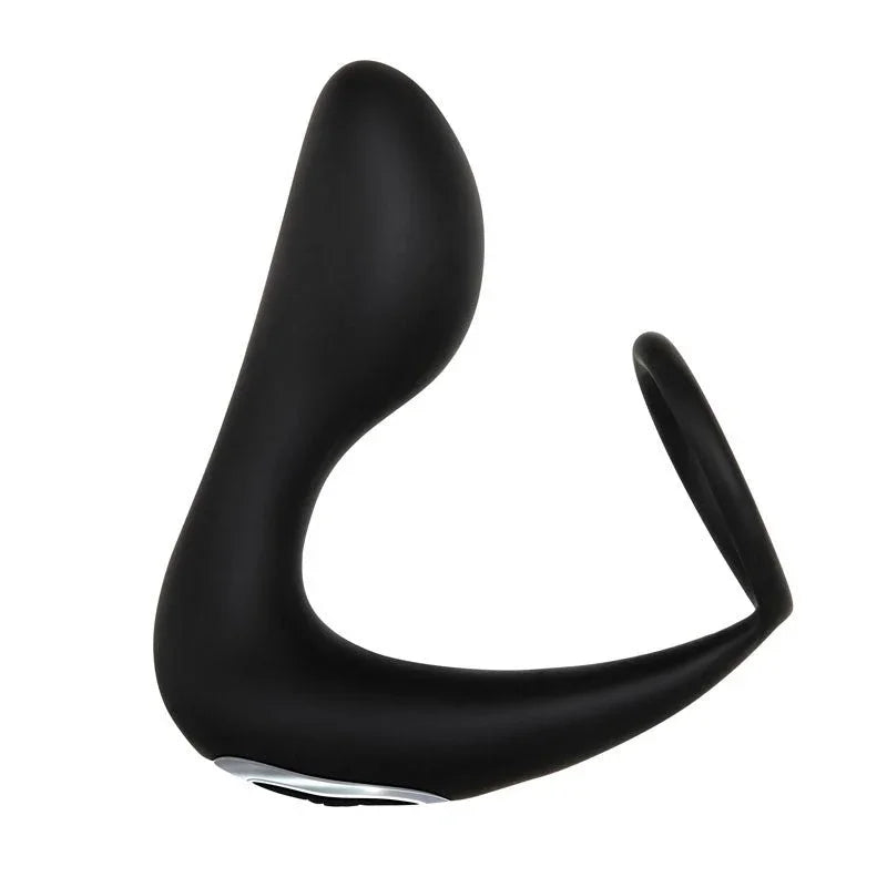 Adam's prostate pleaser in Black, angled view of the curved arm and cock ring
