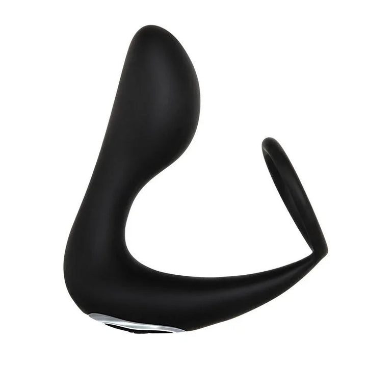 Adam's prostate pleaser in Black, angled view of the curved arm and cock ring