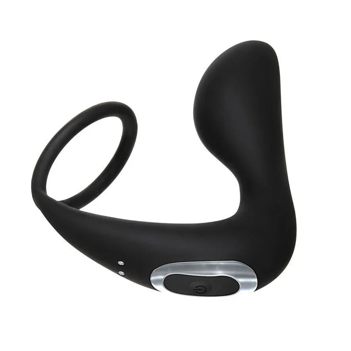Adam's prostate pleaser in Black, side profile of plug, ring and button panel