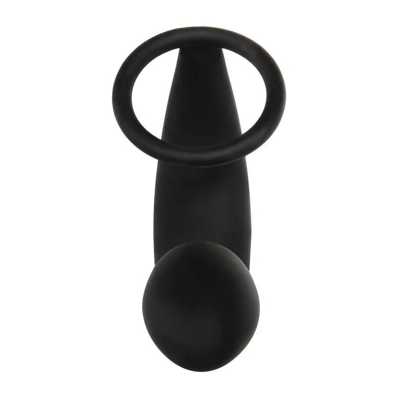 Adam's prostate pleaser in Black, top view with the ring upright over the plug