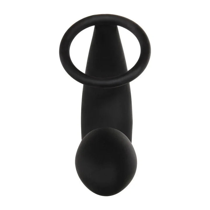Adam's prostate pleaser in Black, top view with the ring upright over the plug