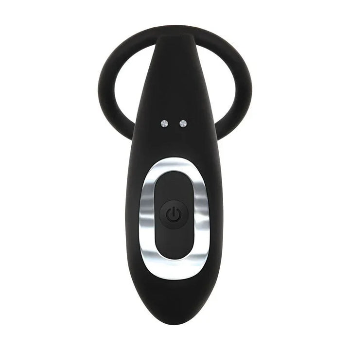 Adam's prostate pleaser in Black, front view showing the silver power button