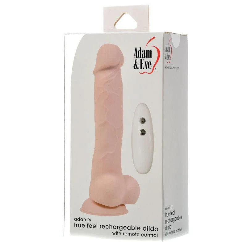 True Feel rechargeable dildo boxed, front of the white retail packaging