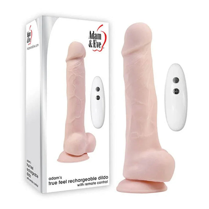 Adam's True Feel rechargeable dildo in Flesh with white remote, beside its box