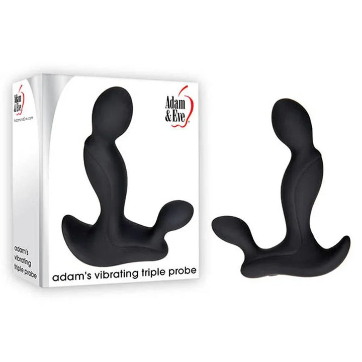 Adam's Vibrating Triple Probe in Black, angled beside its white retail box