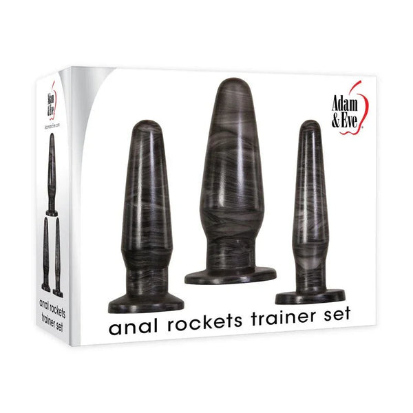 Anal Rockets trainer set in Black marble, three graduated plugs beside the box