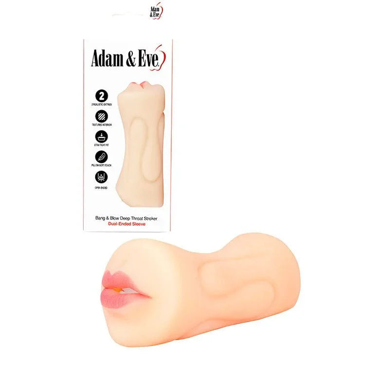 Bang & Blow dual-ended stroker in Flesh, mouth opening shown below its white box