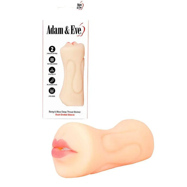 Bang & Blow dual-ended stroker in Flesh, mouth opening shown below its white box