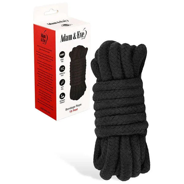 Adam & Eve 4.5 m bondage rope in Black, folded hank beside its 15-foot box