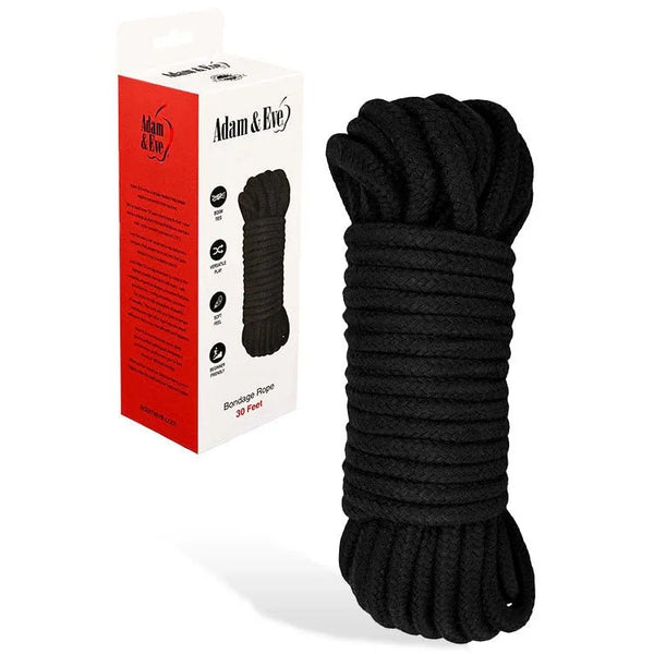 Adam & Eve 9 m bondage rope in Black, thick coil beside its 30-foot box
