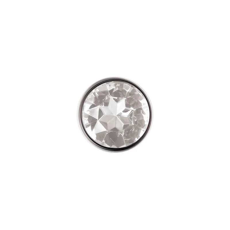 Clear Gem plug base straight on, round clear crystal in a steel rim