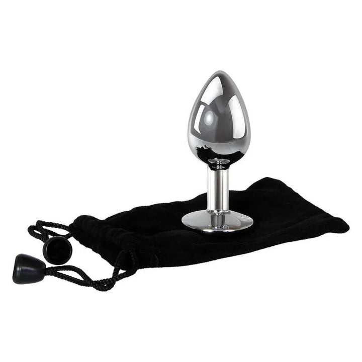 Clear Gem small plug in Chrome standing on its black velvet pouch