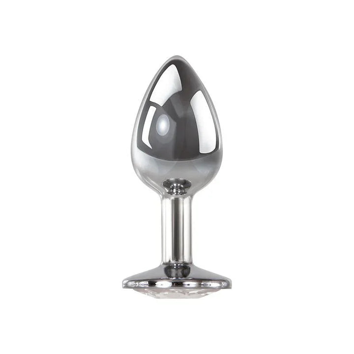 Clear Gem small plug in Chrome standing upright, mirror-polished steel