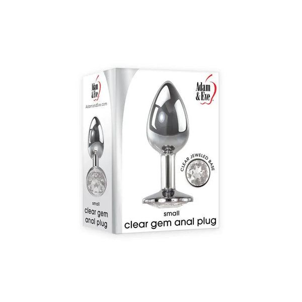 Clear Gem small anal plug in Chrome, jewelled base, beside its white box