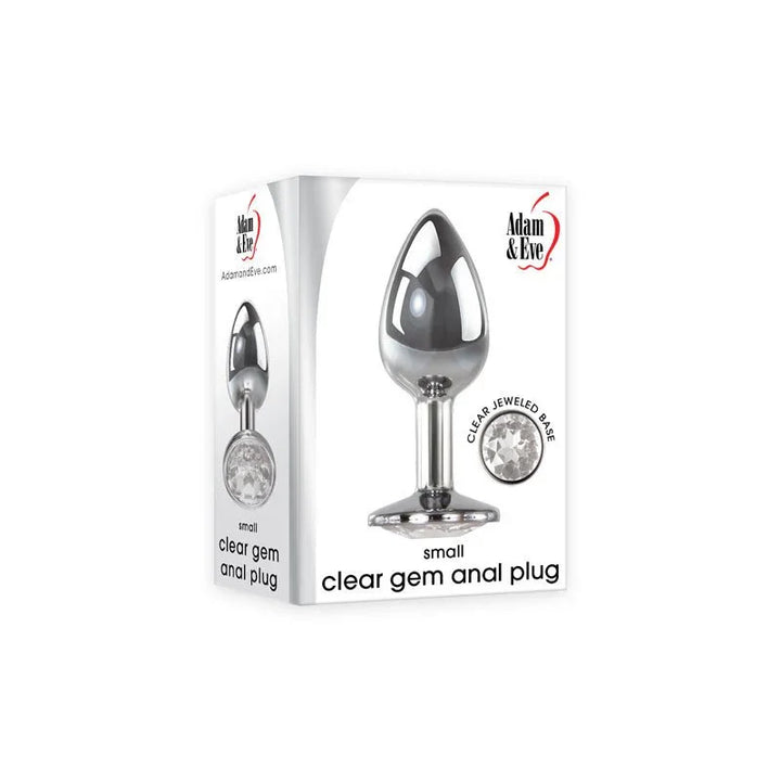 Clear Gem small anal plug in Chrome, jewelled base, beside its white box