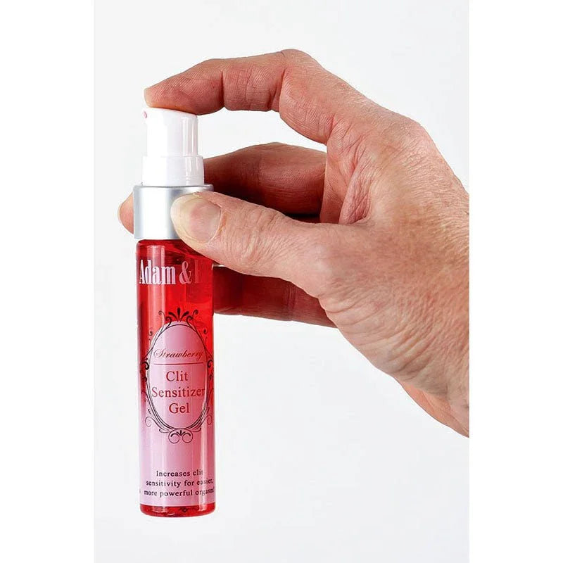 Adam & Eve Strawberry Clit Sensitizer Gel in red, clear bottle, spray applicator.