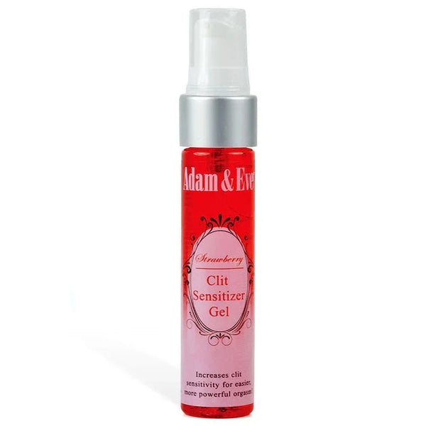 Adam & Eve Strawberry Clit Sensitizer Gel in red bottle, clear spray nozzle, water-based formula.