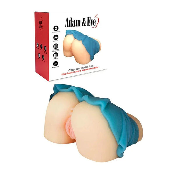 College Coed Backdoor Booty in Flesh with blue frill skirt, below its red box
