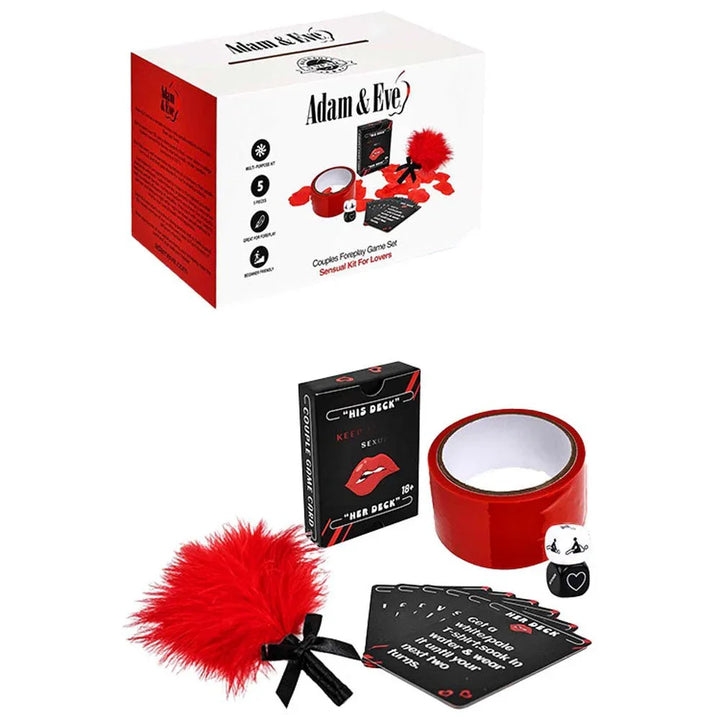 Couples Foreplay Game Set box above the cards, tape, dice and tickler