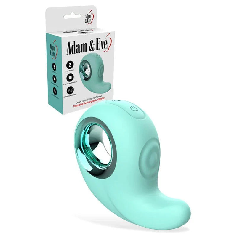 Curvy Cutie tapping vibrator in Teal, curled comma shape beside its teal box